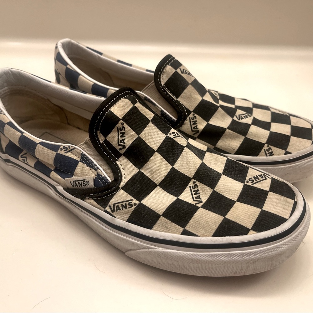 Vans Classic Shoes 751505 Checkered Ivory Tan Black Blue Size 7.5